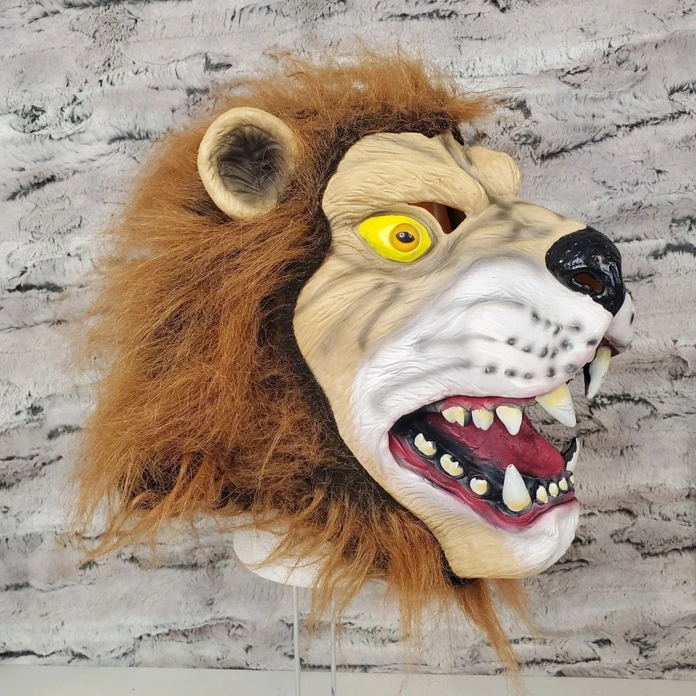 Realistic Lion Head Latex Costume Mask Faux‎ Fur Mane Adult Hood Style OSFM